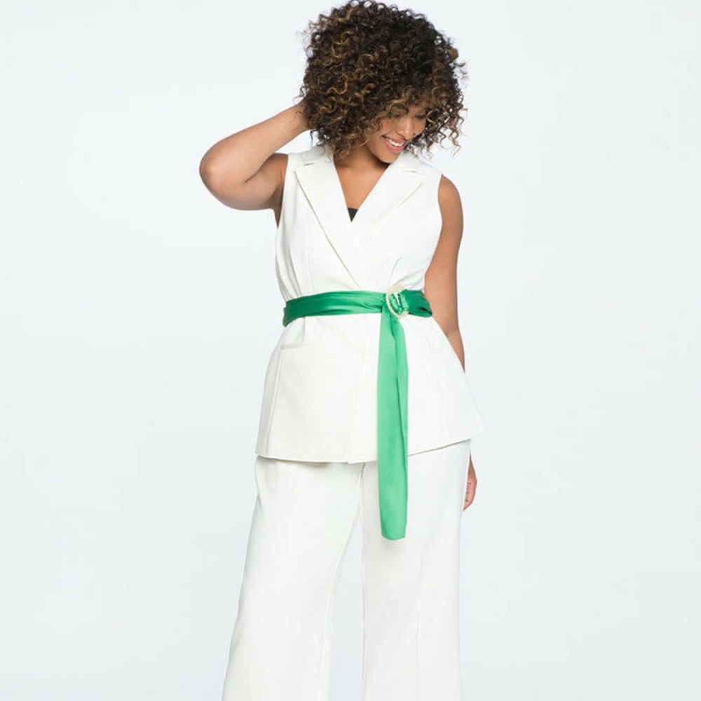Eloquii Sleeveless Jacket Vest White Green Belt